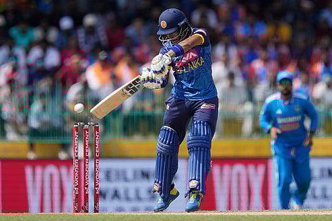 Pathum Nissanka plays a shot during the third ODI against India